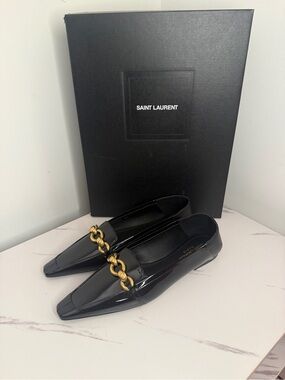 Saint Laurent Black Patent Leather Loafers with Gold Chain LE MAILLON